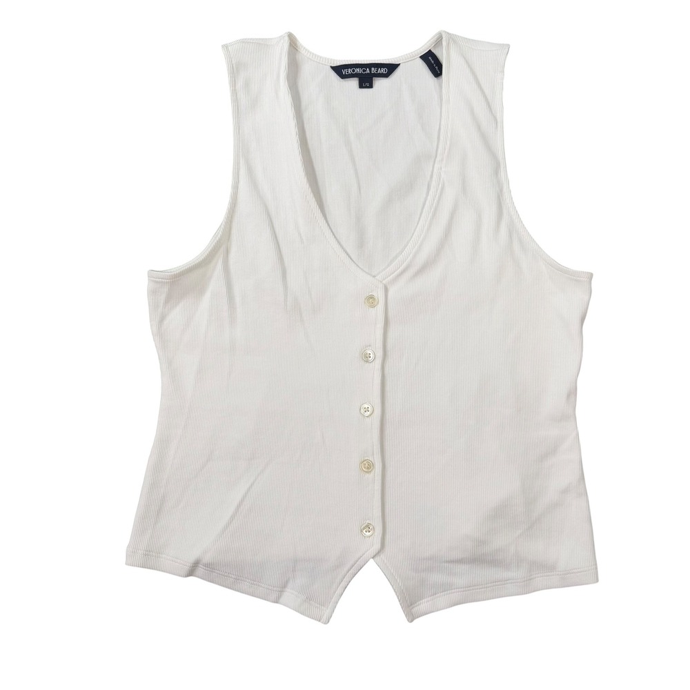 Veronica Beard Womens Ribbed Button Front White Sleeveless Vest Tank Top Size L
